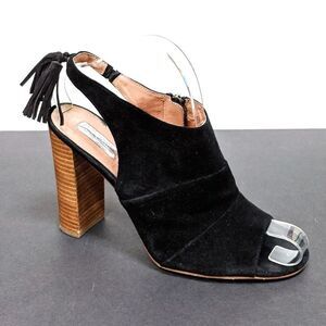 HALOGEN Willow Suede Peeptoe Tassel Stacked Heels 9.5
